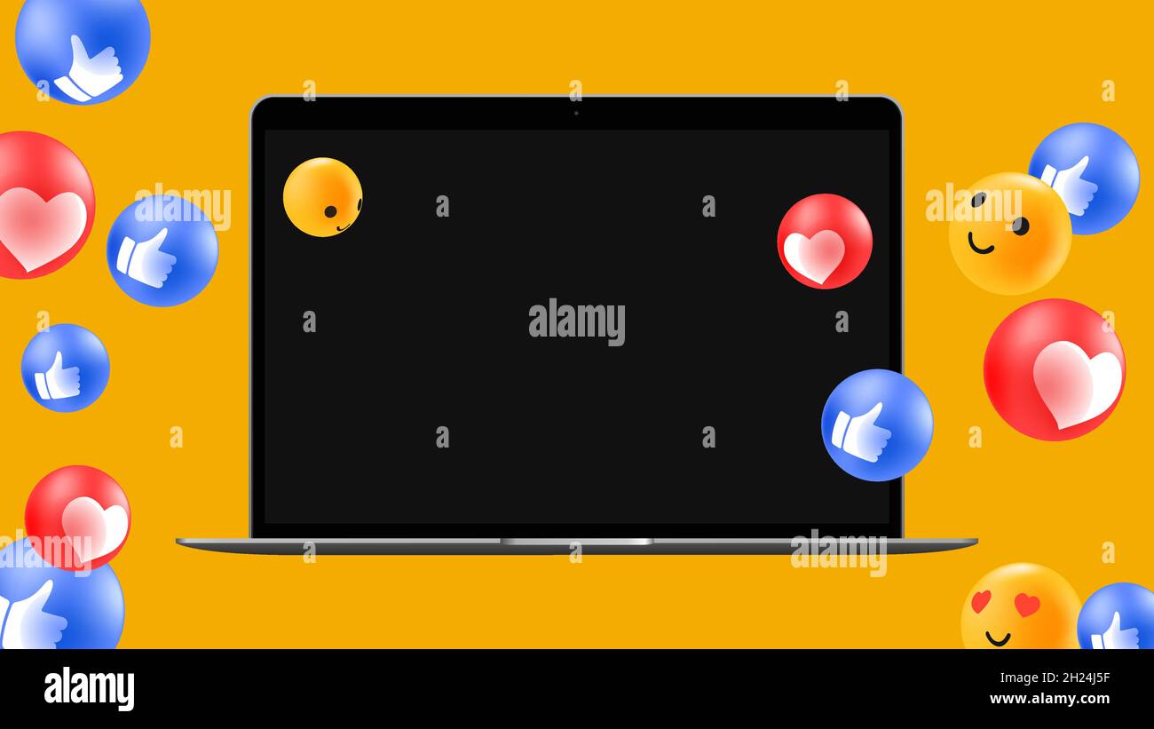 Mockup für Social Media oder Präsentation mit Emoticons und Laptop. Vektorgrafik Stock Vektor