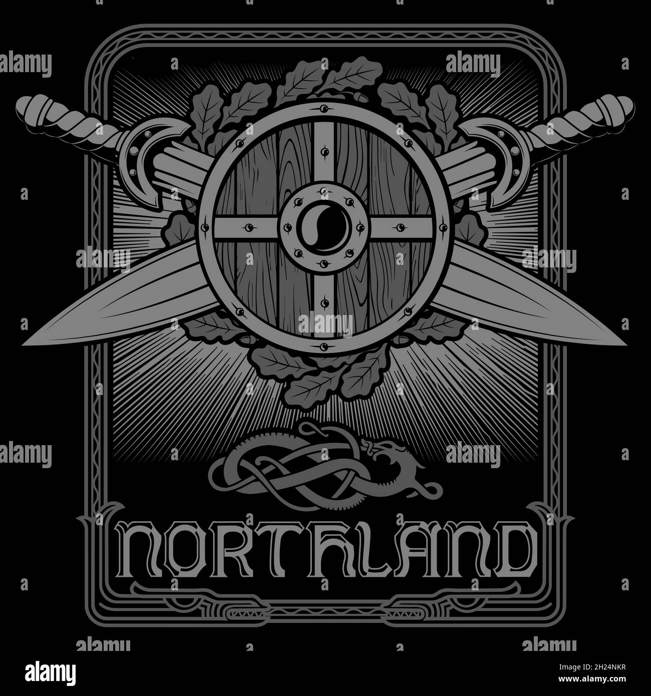 Viking Design. Wikingerschild und Schwerter. Zwei gekreuzte Mittelalterschwerter Stock Vektor