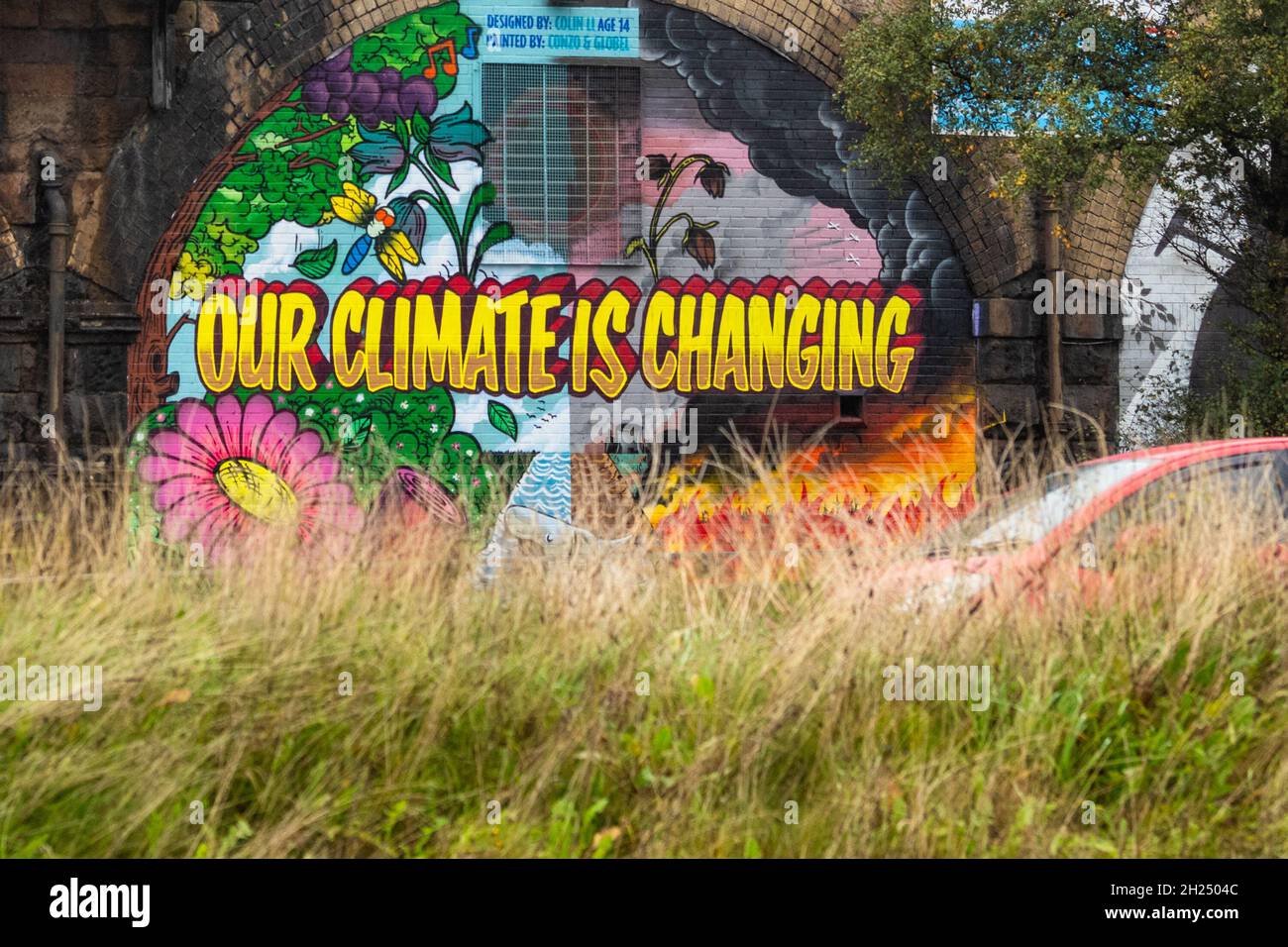 Wandbild zum Klimawandel „Unser Klima verändert sich“, Glasgow, Schottland, Großbritannien Stockfoto