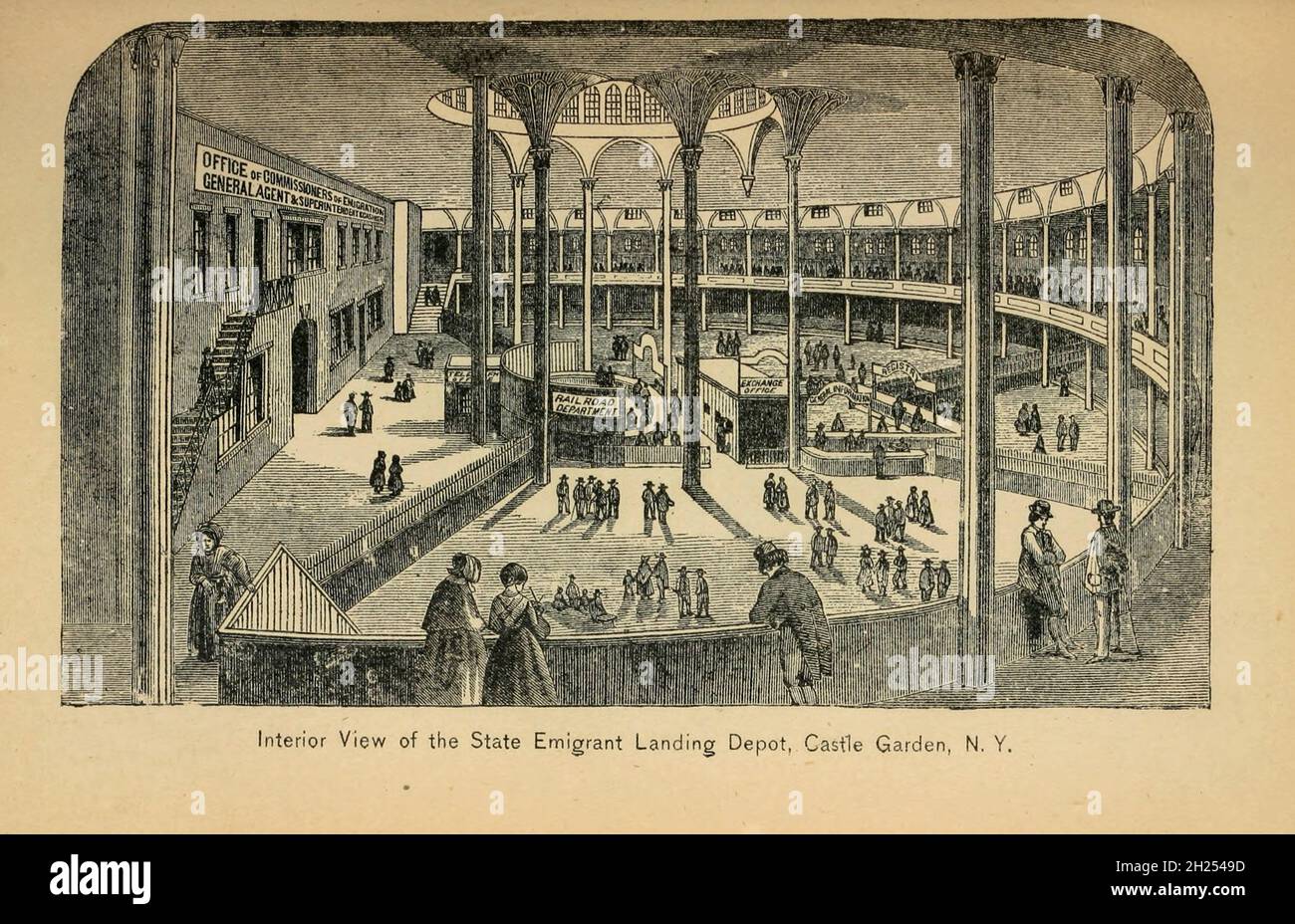 Interior State Emigrant Landing Depot Castle Garden N.Y. aus dem Bacon's Guide to America and the Colonies, for the Capitalist, Tourist, or Emigrant. Umarmung Klima, Boden, Landwirtschaft, Hersteller, Preise von Ländern und wie man sie zu sichern, Homestead Gesetze, Einbürgerung, Löhne, Kosten der Reise, Bahnpreise und Entfernungen, und Eine Masse von anderen allgemeinen Informationen. Von George Washington Bacon Veröffentlicht in London von G.W. Speck im Jahr 1870 Stockfoto