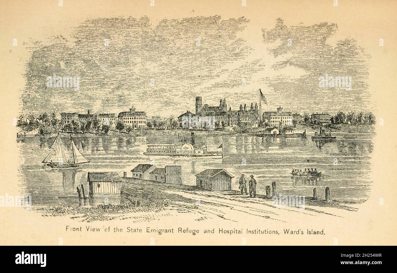 Vorderansicht der staatlichen Auswanderungshütte und Krankenhauseinrichtung, ward's Island Bacon's Guide to America and the Colonies, for the Capitalist, Tourist, or Emigrant. Umarmung Klima, Boden, Landwirtschaft, Hersteller, Preise von Ländern und wie man sie zu sichern, Homestead Gesetze, Einbürgerung, Löhne, Kosten der Reise, Bahnpreise und Entfernungen, und Eine Masse von anderen allgemeinen Informationen. Von George Washington Bacon Veröffentlicht in London von G.W. Speck im Jahr 1870 Stockfoto