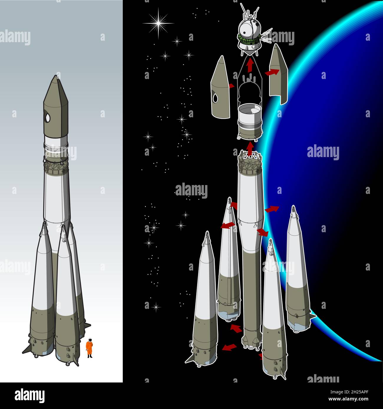 hochdetaillierte Weltraumrakete mit dem ersten verfügbaren Raumschiff EPS-10-Vektorformat, das durch Gruppen getrennt ist, für eine einfache Bearbeitung Stock Vektor