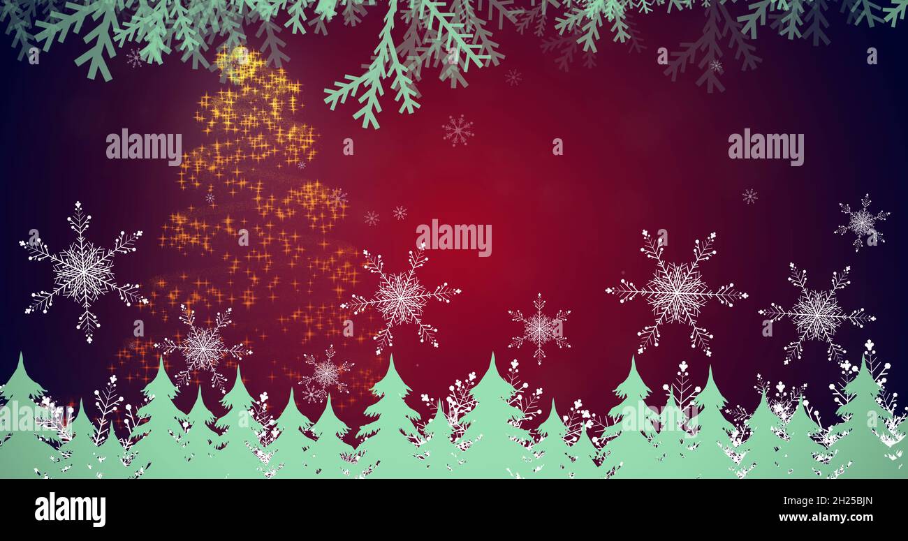 Bild von Schnee fällt über weihnachten Symbole auf rotem Hintergrund Stockfoto