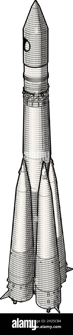 Retro Space Rocket im Engraving-Stil. Hochdetailliertes EPS-8, das durch Ebenen getrennt ist, ermöglicht eine einfache Bearbeitung Stock Vektor
