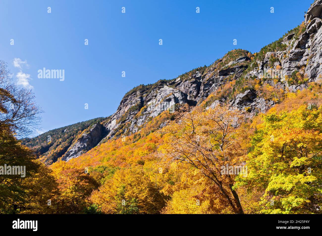 Berge und Wälder mit lebendigen Herbstfarben im Schmugglers Notch State Park vermont Stockfoto