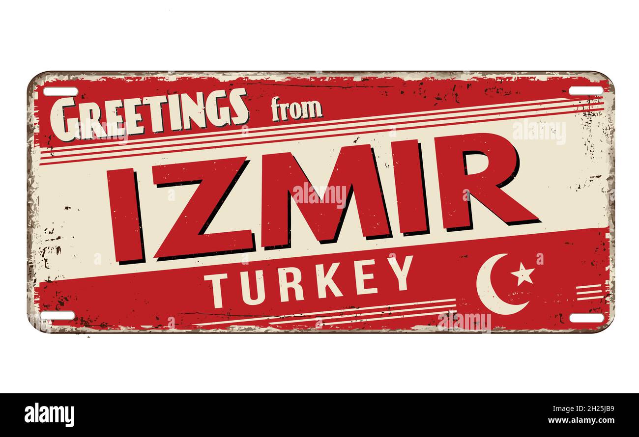 Grüße von Izmir vintage rostigen Metallplatte auf weißem Hintergrund, Vektor-Illustration Stock Vektor