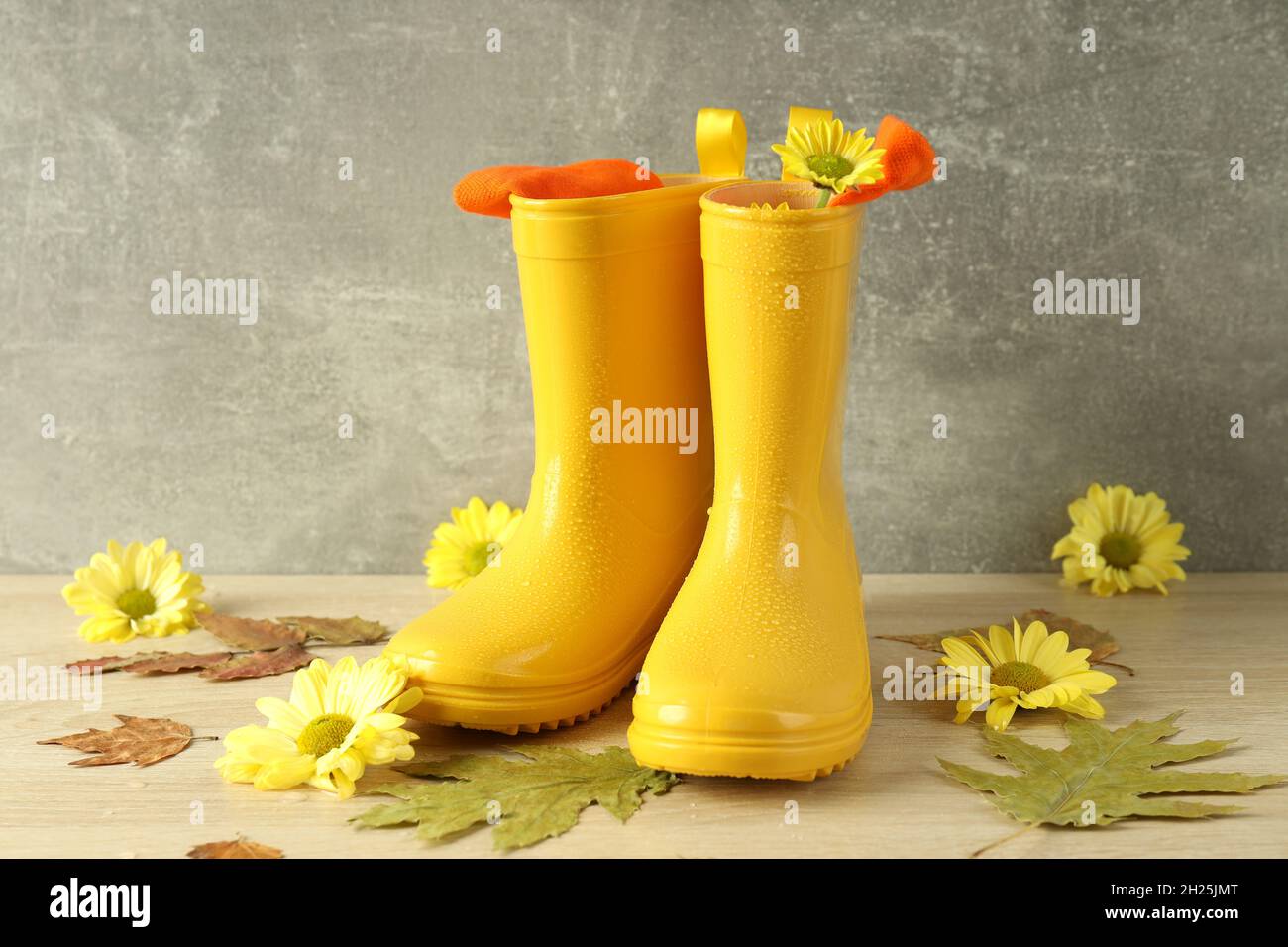 Gummistiefel mit Blumen auf Holztisch mit Blättern. Stockfoto