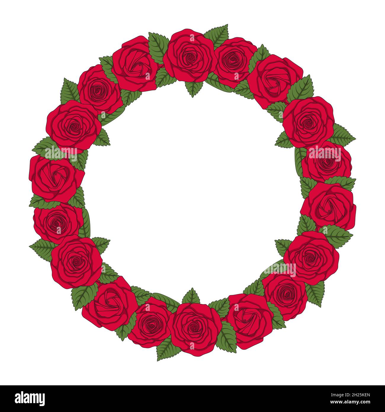 Farbige Abbildung eines runden Kranzes aus roten Rosen. Isoliertes Vektorobjekt auf weißem Hintergrund. Stock Vektor