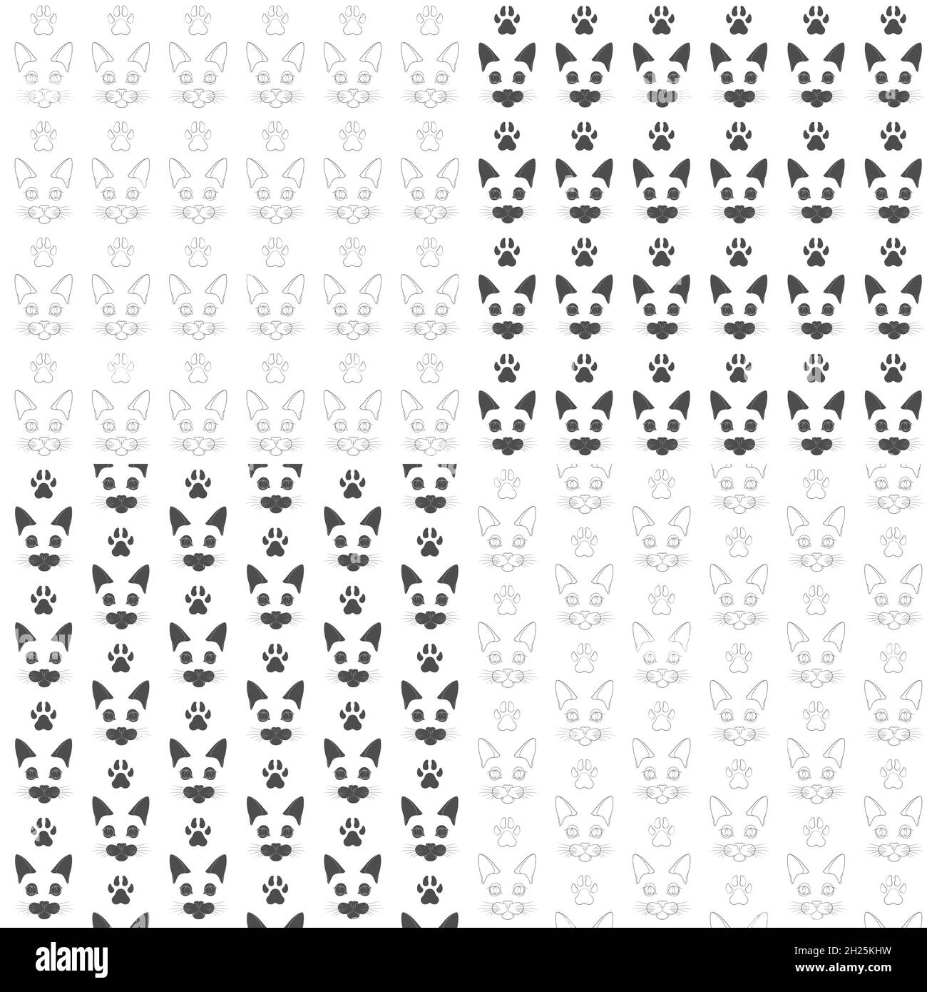 Satz von nahtlosen Mustern mit Katzenmuzzles und Pfoten. Vektor schwarz-weiß Hintergründe mit isolierten Objekten auf weiß. Stock Vektor