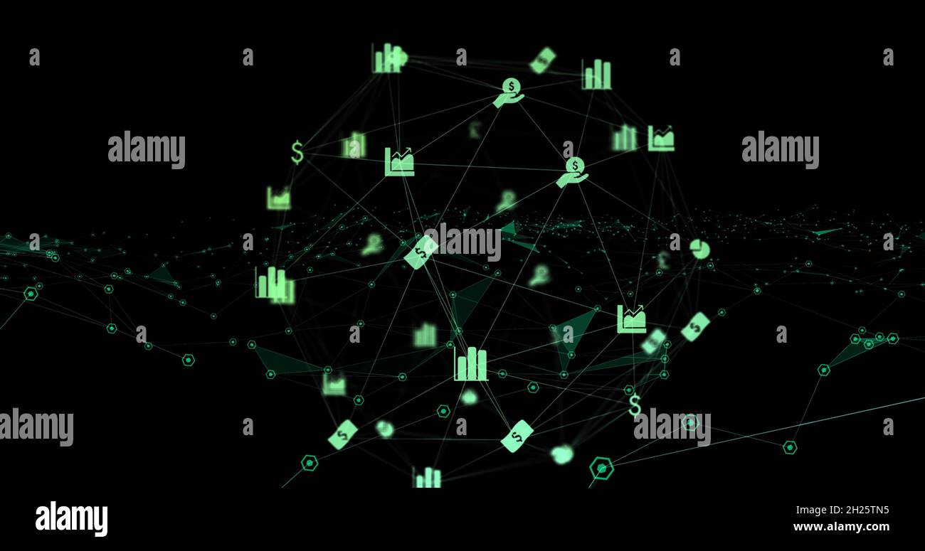 Digitales Bild des Globus der Finanz-Ikonen, die sich gegen ein Netzwerk von Verbindungen auf schwarzem Backgro drehen Stockfoto