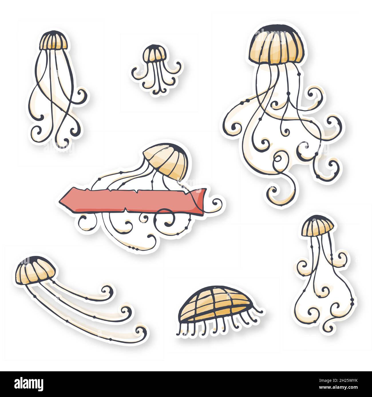 Aufkleber mit grafischer Vektorqualle. Geeignet für das Thema Meer, Strand, Sommer. Stock Vektor