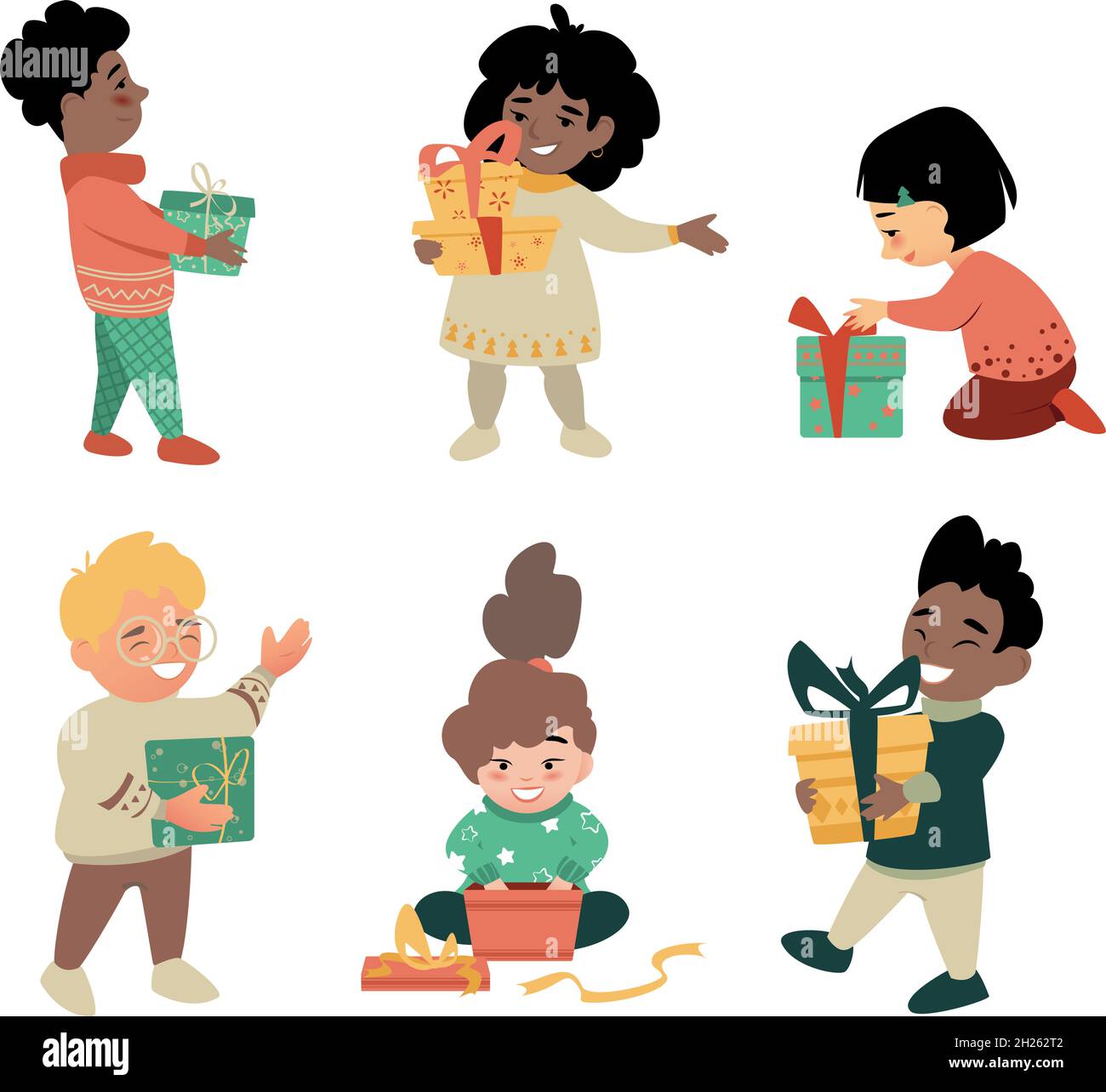 Set mit sechs Weihnachtsgeschenkschachteln für Kinder Stock Vektor