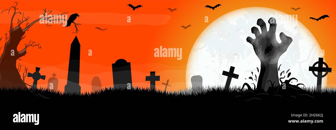 Untote Zombie Hand vor Vollmond mit beängstigend Illustrierte Elemente für Halloween Horror Hintergrund Layouts Stock Vektor