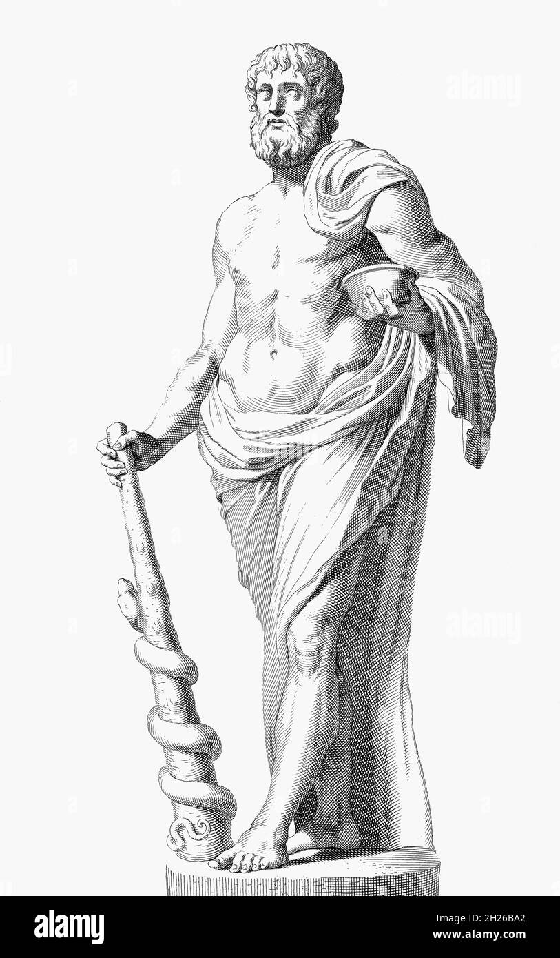 Statue des Asklepios, altgriechischer Gott der Medizin. Nach einem Druck eines unbekannten Künstlers aus dem 17. Jahrhundert. Stockfoto