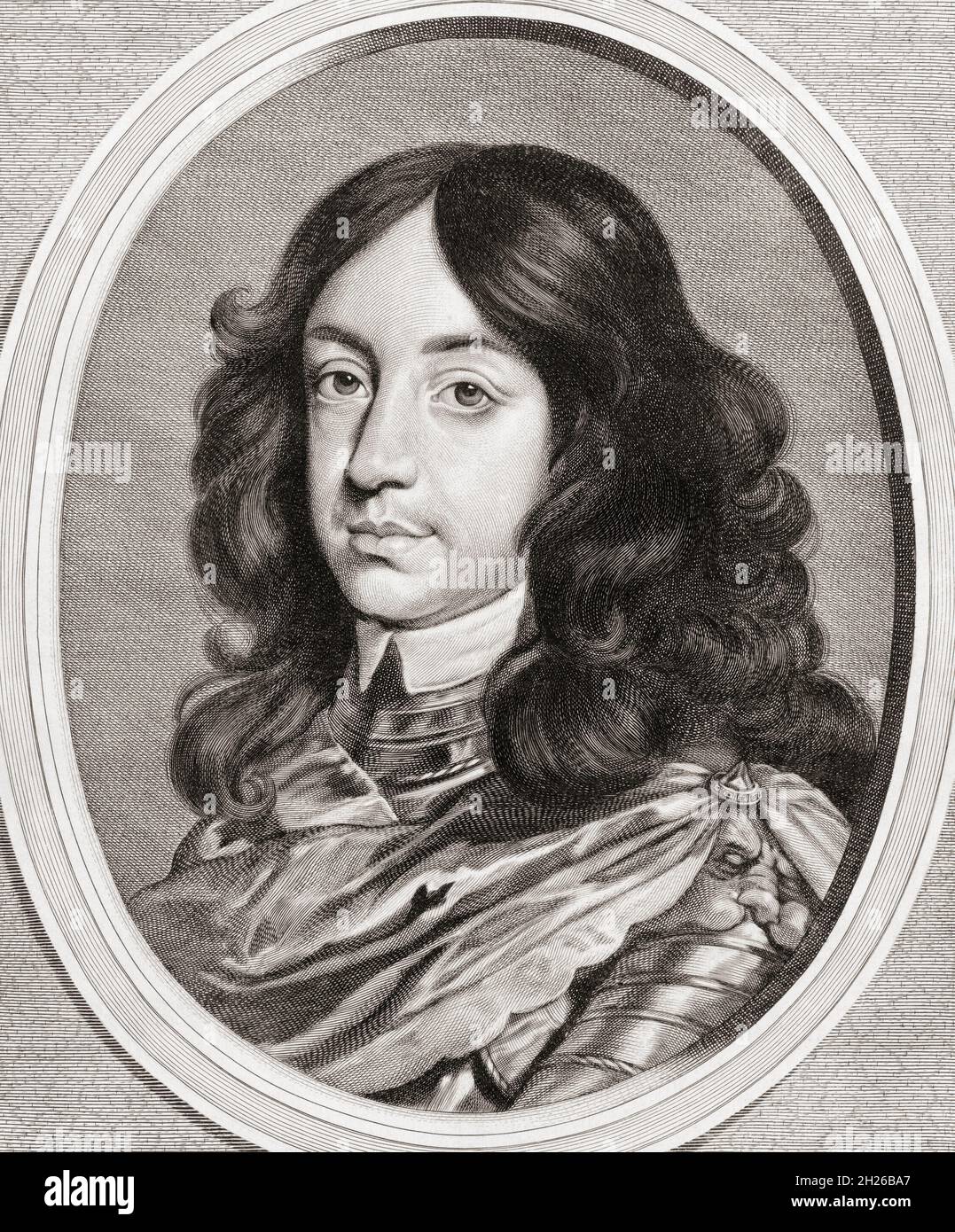 Karl II., 1630 – 1685. König von England, Schottland und Irland. Nach einem Stich von Cornelis Visscher aus dem 17. Jahrhundert nach einem Werk von Gerard van Honthorst. Stockfoto