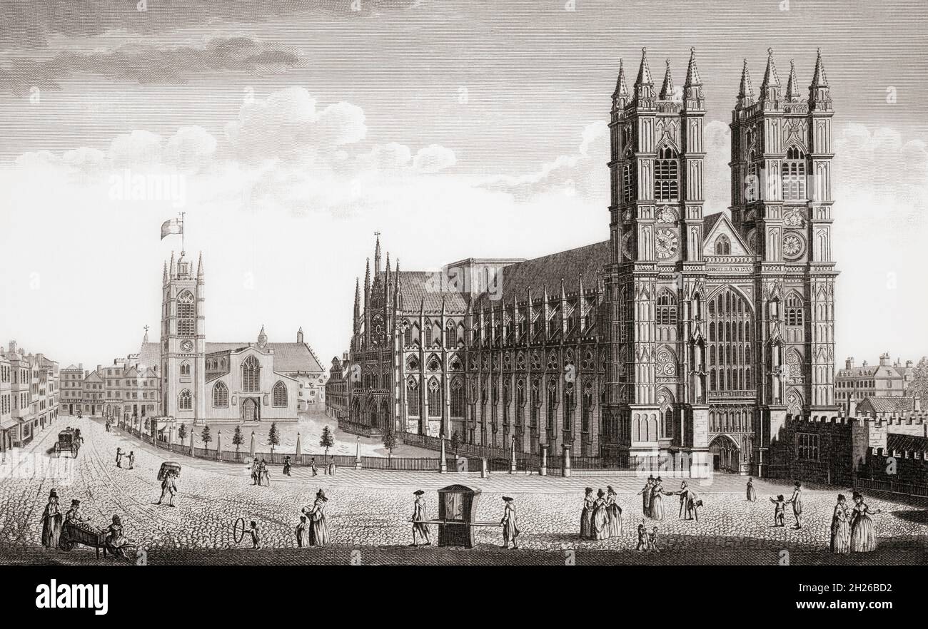 Blick nach Nordwesten auf Westminster Abbey und St. Margaret's Church. London, England. Nach einem Stich, der 1780 von einem nicht identifizierten Künstler veröffentlicht wurde. Stockfoto
