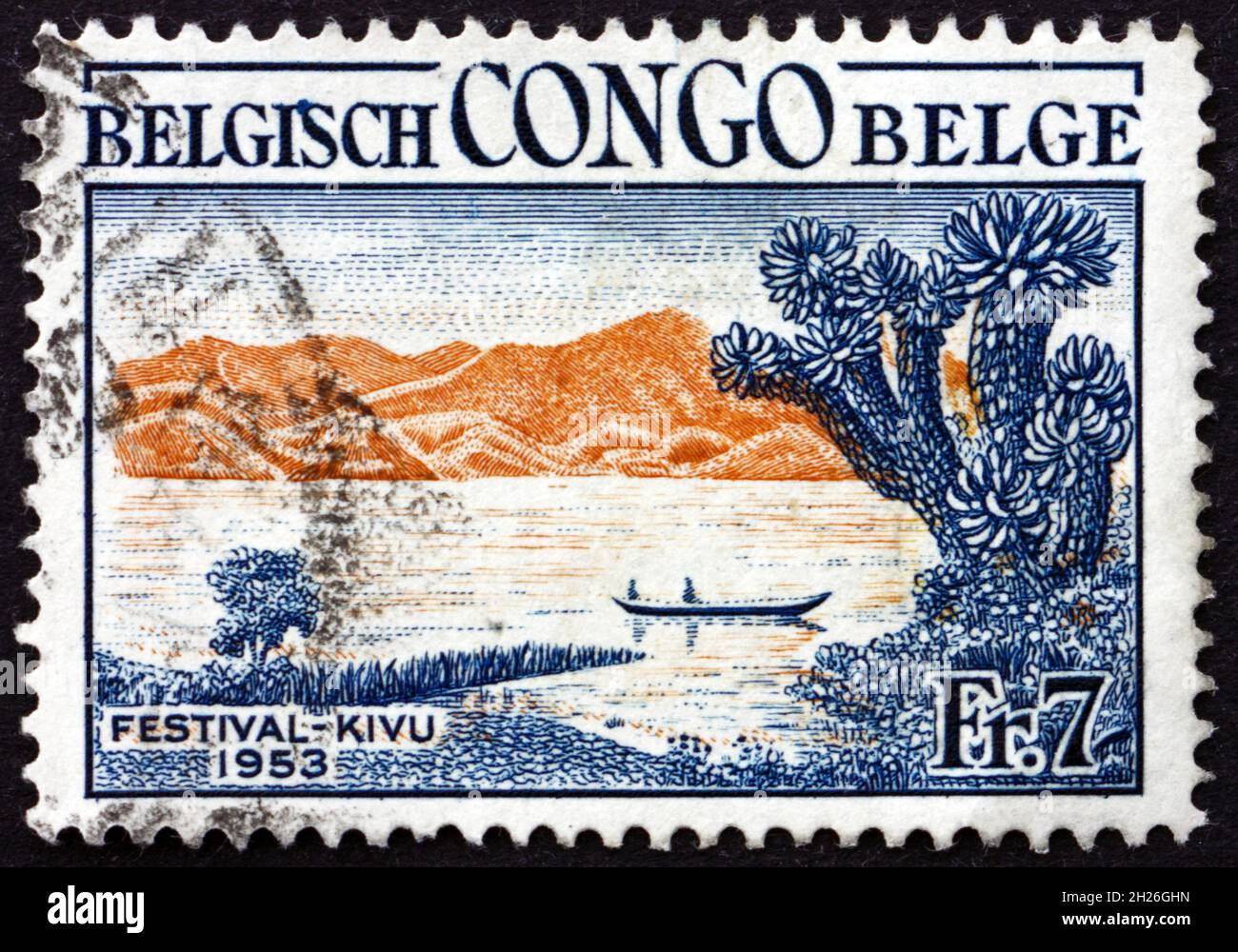 BELGISCHER KONGO - UM 1953: Eine in Belgisch-Kongo gedruckte Marke zeigt Kanu auf dem Kivu-See, Kivu Festival, um 1953 Stockfoto