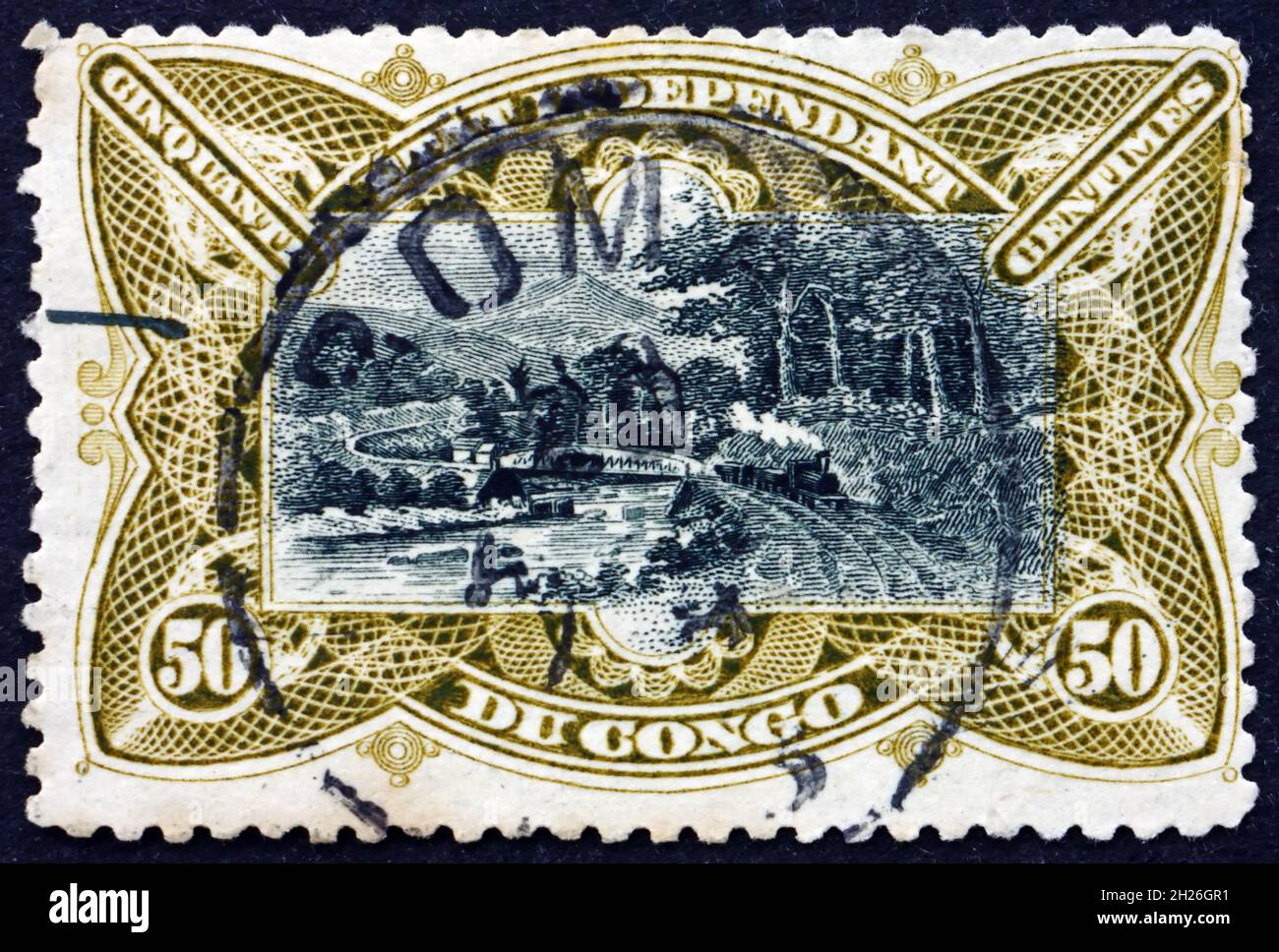 BELGISCHER KONGO - UM 1922: Eine in Belgisch-Kongo gedruckte Briefmarke zeigt die Eisenbahnbrücke am M'pozo-Fluss, um 1922 Stockfoto