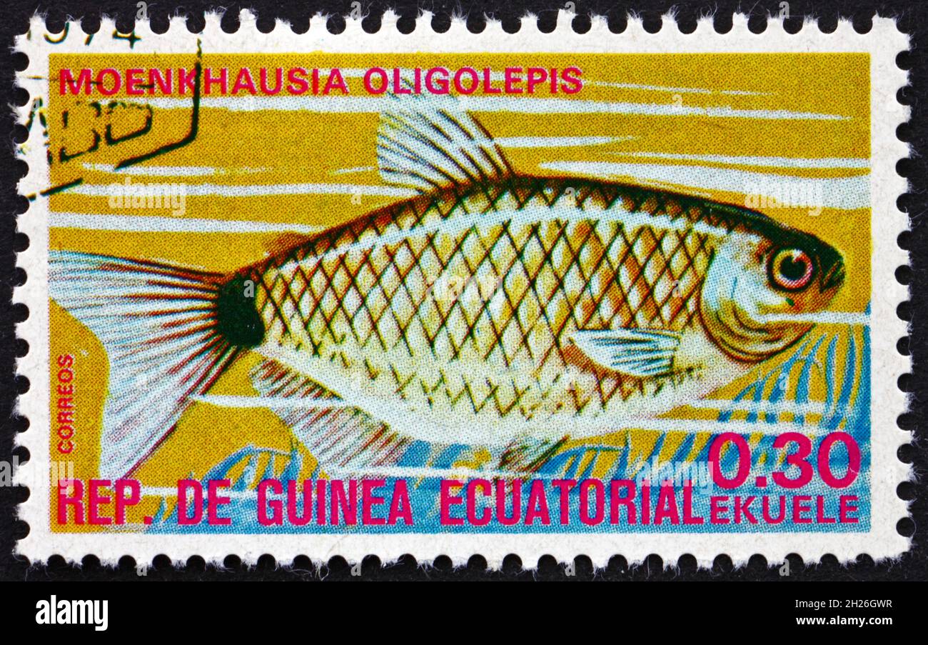 ÄQUATORIALGUINEA - UM 1975: Eine in Äquatorialguinea gedruckte Marke zeigt Glassalmler, Moenkhausia Oligolepis, Tropenfisch, um 1975 Stockfoto