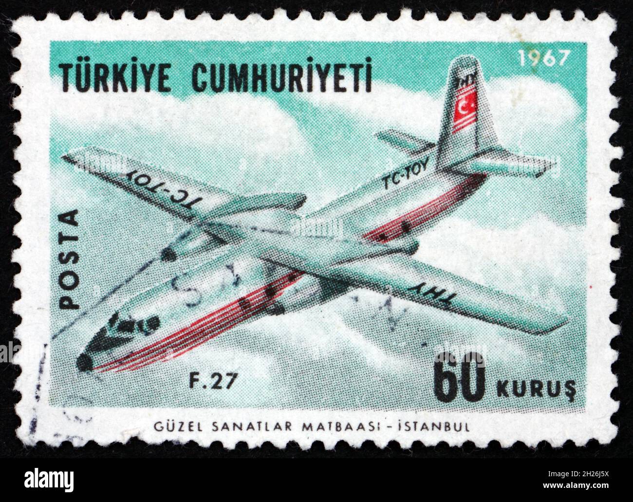 TÜRKEI - UM 1967: Eine in der Türkei gedruckte Briefmarke zeigt das Transportflugzeug Fokker Friendship, um 1967 Stockfoto