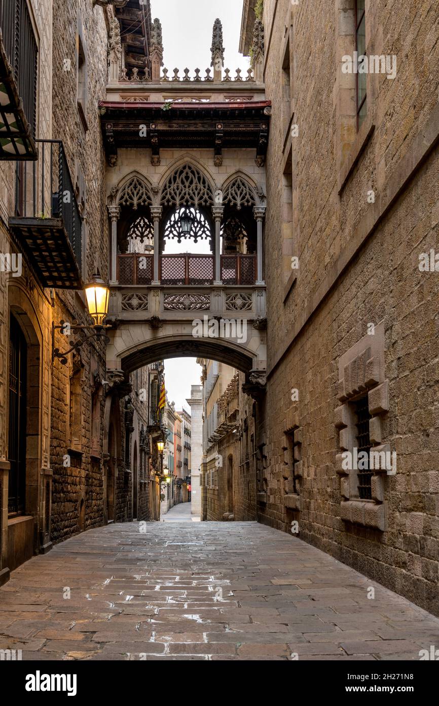 Pont del Bisbe at Dawn - Eine vertikale Morgenansicht der neugotischen steinernen Bischofsbrücke über eine alte Gasse im gotischen Viertel von Barcelona, Spanien. Stockfoto