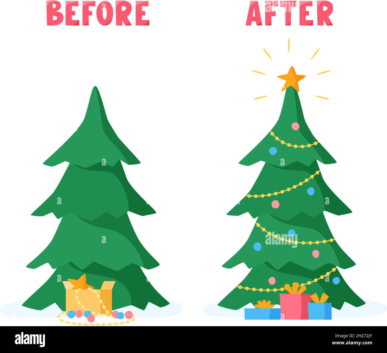 Weihnachtsbaum vor und nach dem Verzieren mit Kugeln, Perlen, Girlanden. Vorbereitung auf die Feiertagsfeier. Vektorgrafik im flachen Stil. Stock Vektor