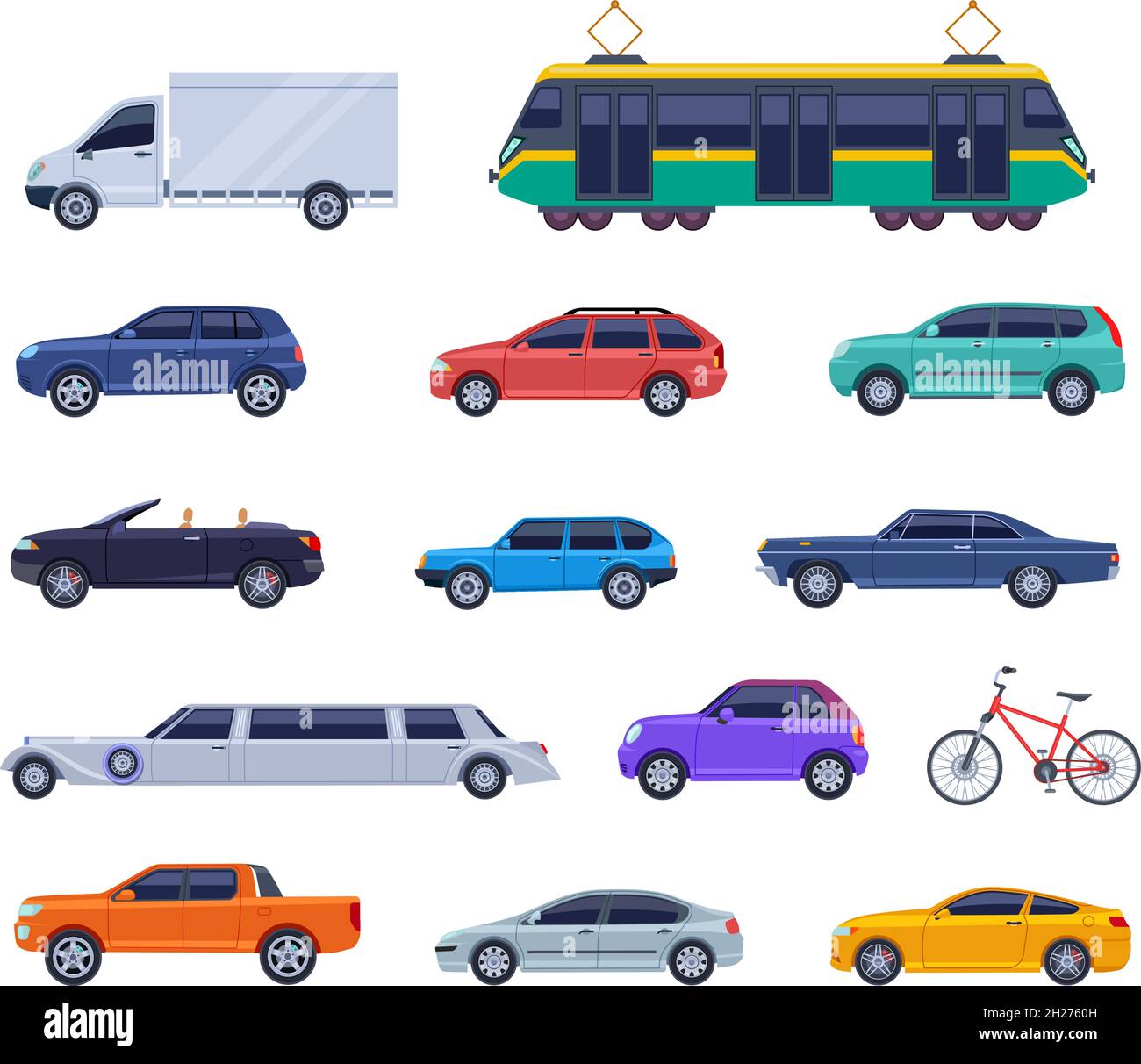 Flache Symbole für den Stadtverkehr. Auto Cabrio, Auto Bus Objekte Design. Isolierte intelligente Fahrzeuge, LKW, Straßenbahn. Logistik- und Transportexakter Vektorsatz Stock Vektor