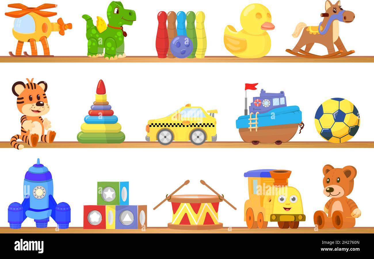 Spielzeug in den Regalen. Spielzeug speichern Hintergrund, LKW, Cartoon Bär auf Holzregal. Kunststoff Dino, isolierte Kinder Spiel anständige Vektor-Elemente Stock Vektor