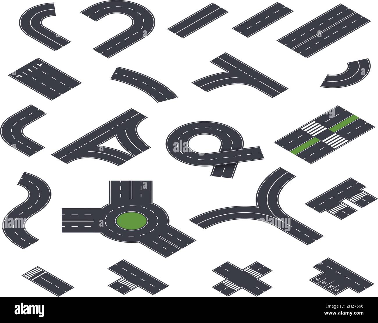 Isometrische Straßensammlung. Baugewerbe, Straßen und Straßenbelag. Asphalt Autobahn in Perspektive, Stadtkarte Weg genaue Vektor-Elemente Stock Vektor