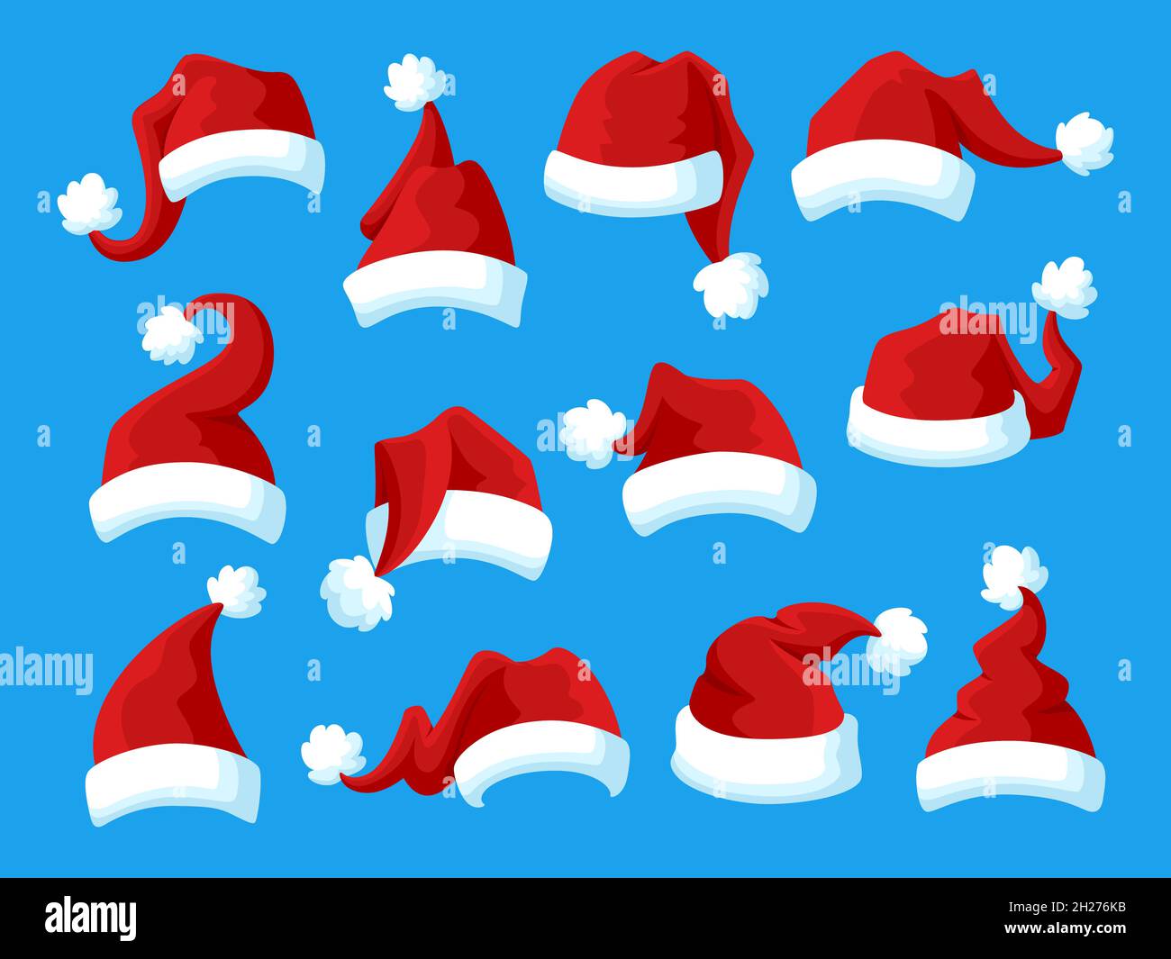 Isolierte weihnachtsmützen. Claus Mütze, roter Hut mit Plüschkugel. Weihnachten und Neujahr Kostümelemente. Xmas Kopf Zubehör für Foto grellen Vektor-Set Stock Vektor