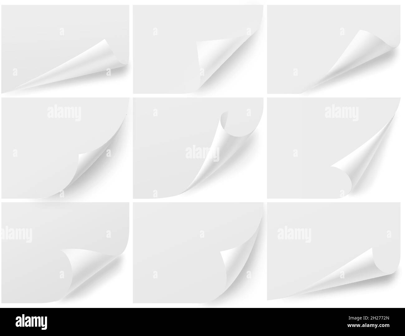 Gewellte Ecken leere Blätter. Isoliertes Papiermockup, gewellte Notizseite. Umdrehbare, realistische Notizaufkleber mit gebogenem Effekt und exakten Vektorfliegern Stock Vektor