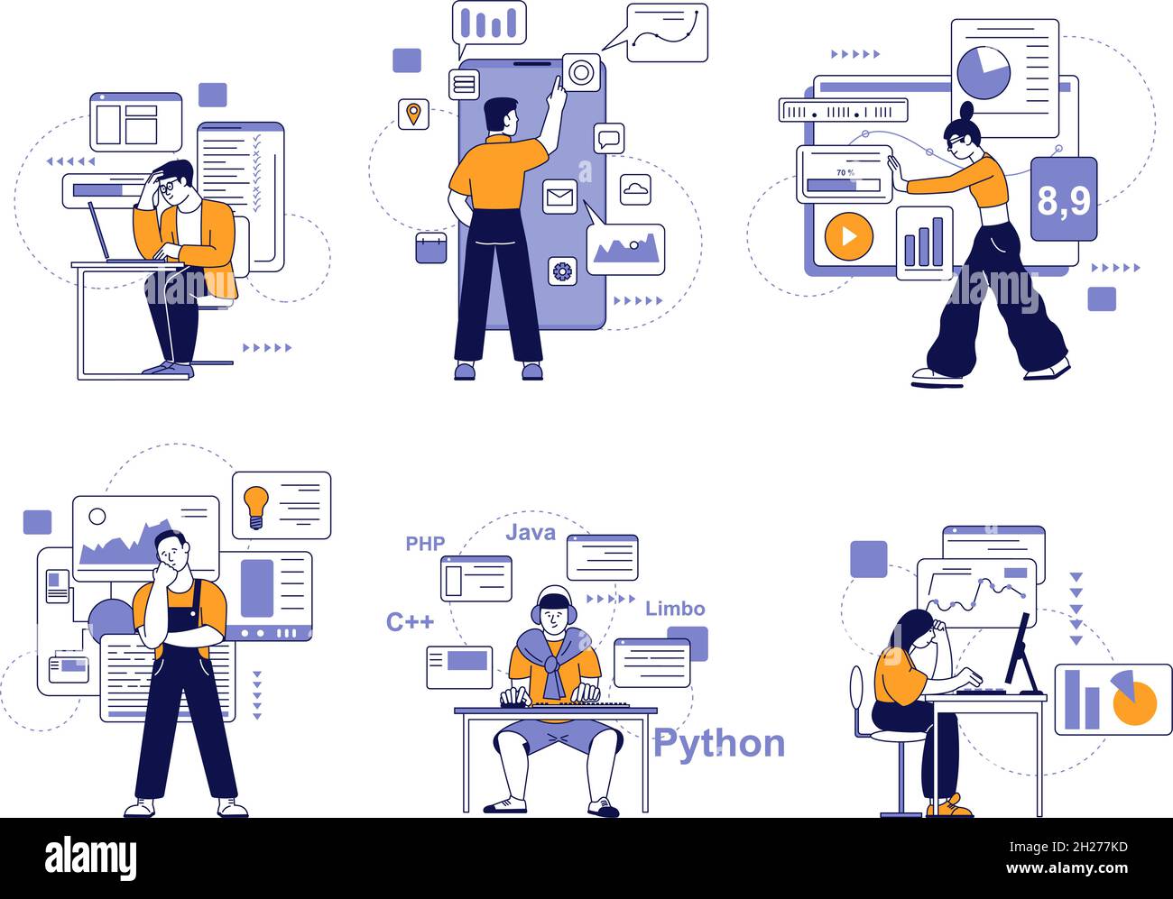 Menschen programmieren. Professionelle java-Entwickler, Engineering-Skript. Geek arbeiten, Ingenieur oder Coder Arbeit Bildschirme der letzten Vektor-Zeichen Stock Vektor