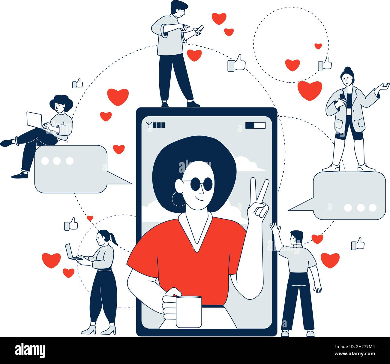 Beeinflussung des Marketings. Soziale Einflüsse, Frauen beliebt in den Medien. Digitale Person im Smartphone und Publikum. Internet-Blogger aktuelle Vektor-Szene Stock Vektor