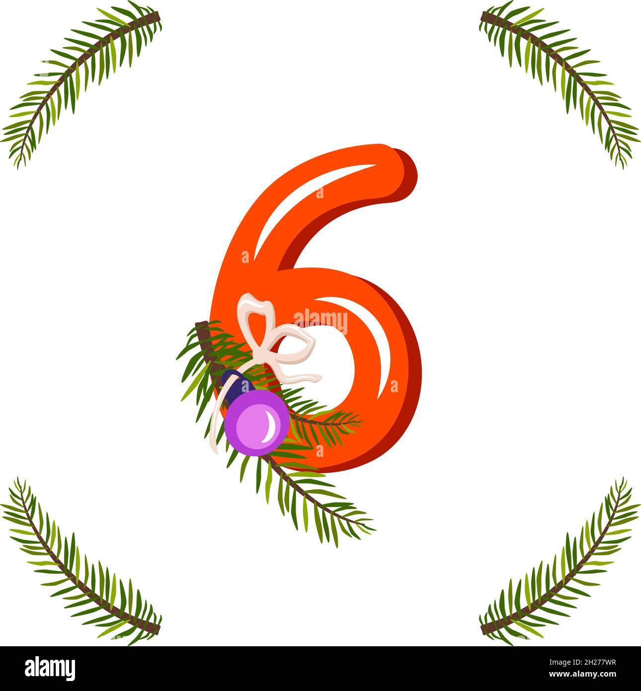 Rote Nummer sechs mit grünem Christbaumzweig, Ball und Bogen. Festliche Figur für ein glückliches neues Jahr und helles Alphabet Stock Vektor