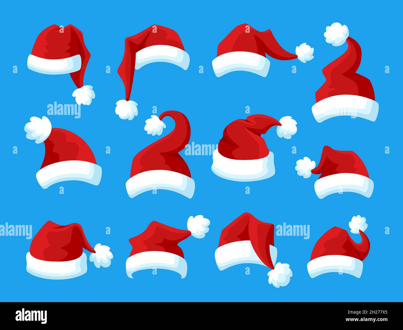Cartoon rote santa Hüte. weihnachtsmann Hut, isoliert Weihnacht Kopf Zubehör. Winter Urlaub Party Mütze, lustige Foto-Maske grellen Vektor-Set Stock Vektor