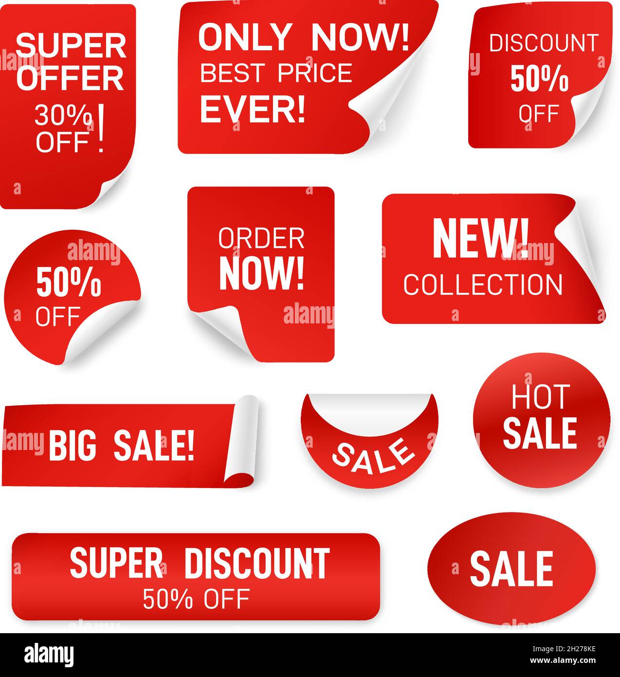 Rot gewellte Papieraufkleber. 3d-Etikett, rundes Preisschild. Curl Edge Blatt, isolierte Verkauf oder Sonderpreis Abzeichen. Weihnachten Rabatt genaue Vektor-Set Stock Vektor