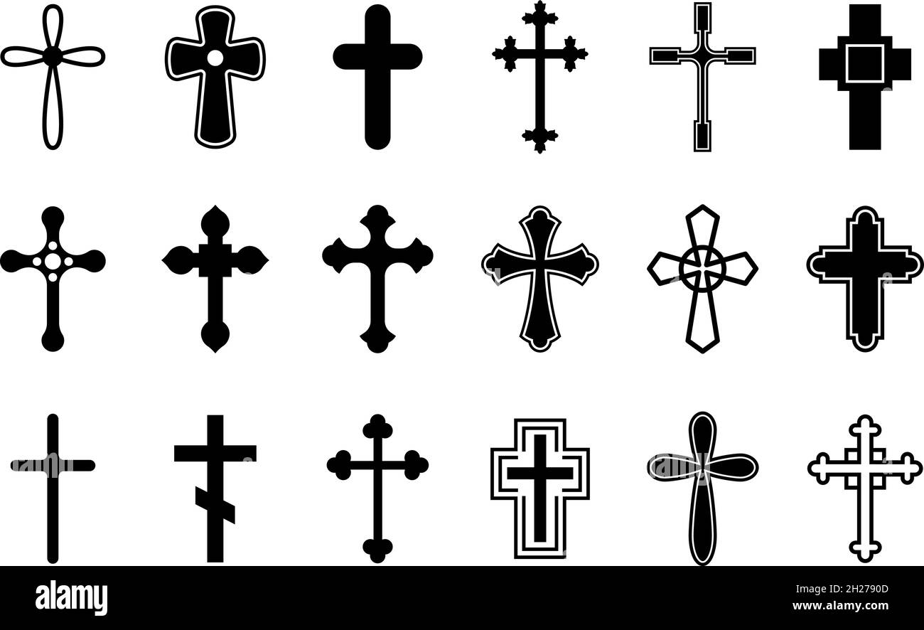 Christliche Kreuze. Kreuzsymbole, orthodoxe katholische religiöse Symbole. Isolierte dekorative heilige Elemente, Kirche umreißen Logo genaue Vektor-Sammlung Stock Vektor