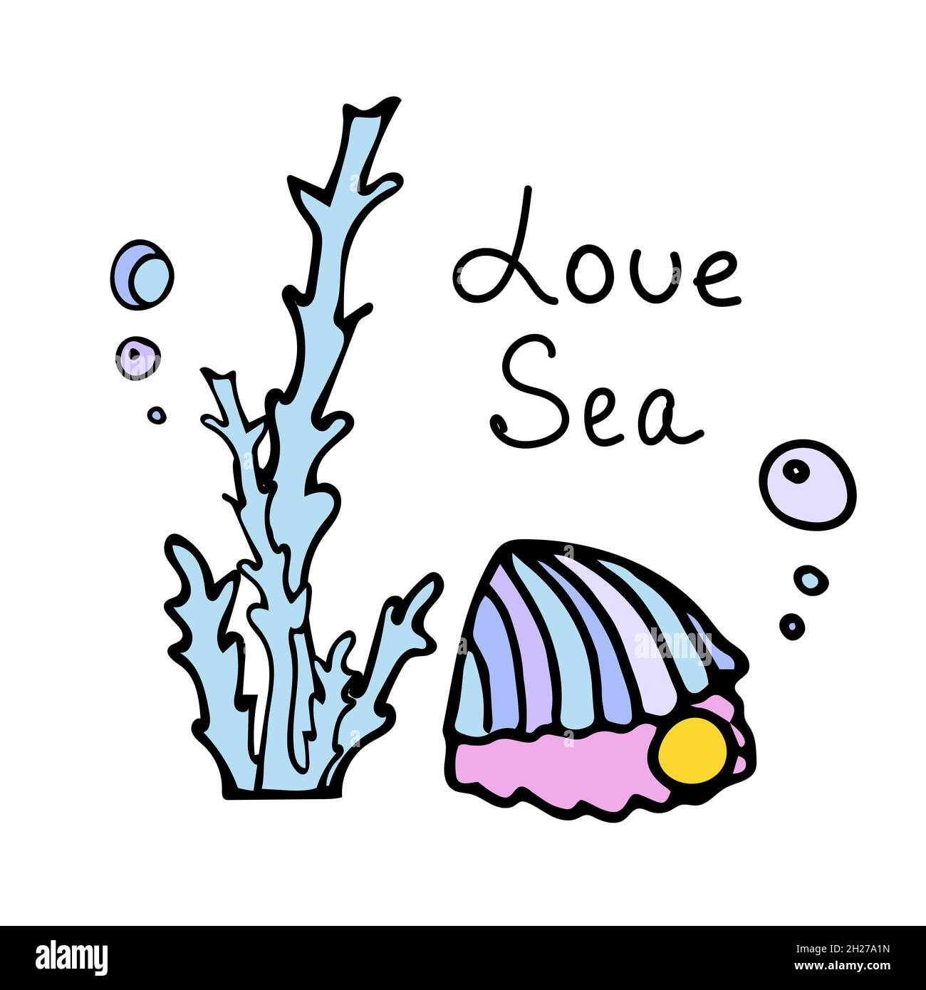 Farbige Schale mit Perle mit Luftblasen in der Nähe der Algen. Doodle-Stil mit Schriftzug. Phrase Liebe das Meer. Stock Vektor