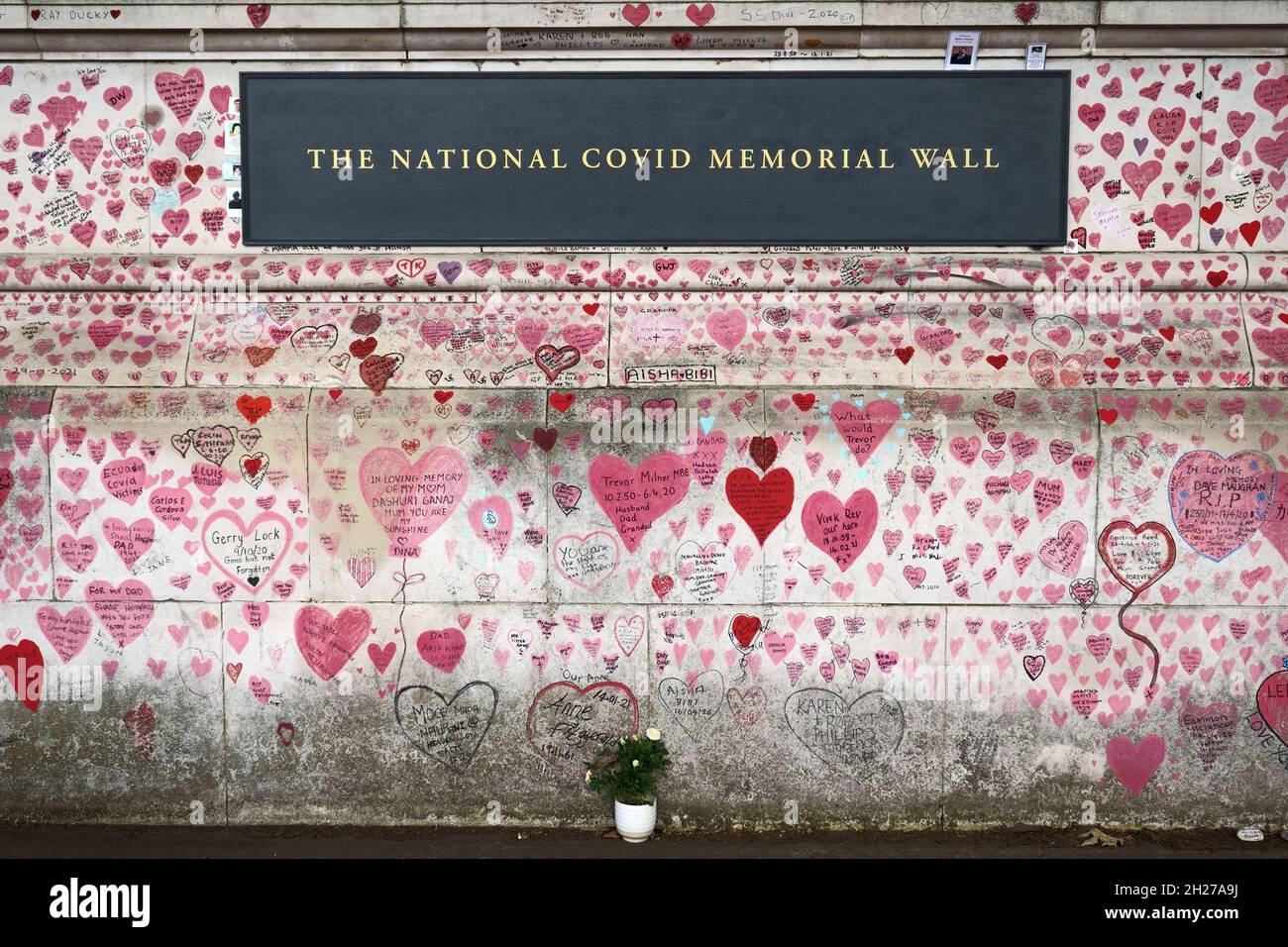 Die National Covid Memorial Wall auf einem Gehweg an der Themse an der Southbank in London, Großbritannien Stockfoto