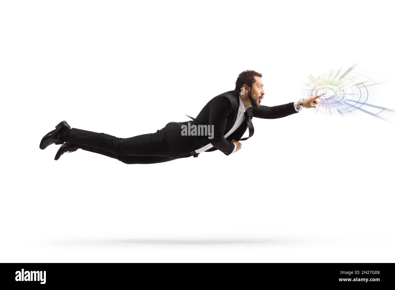 In voller Länge Profilaufnahme eines Geschäftsmannes, der auf weißem Hintergrund fliegende und berührende technische Daten isoliert Stockfoto