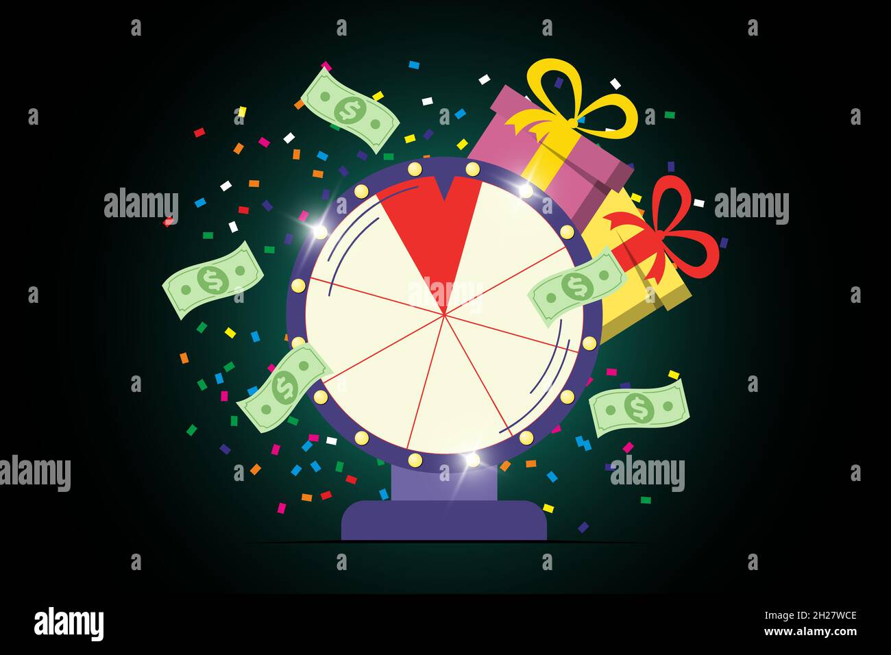 „Fortune Wheel“-Poster. Drehen Sie glückliches Roulette mit Gewinngeld Bargeld, Preisgeschenke und Konfetti auf dunklem Hintergrund. Banner für Glücksspiele. Leben viel Glück und Erfolg Symbol. Gewinner Take Chance Konzept. Eps Stock Vektor