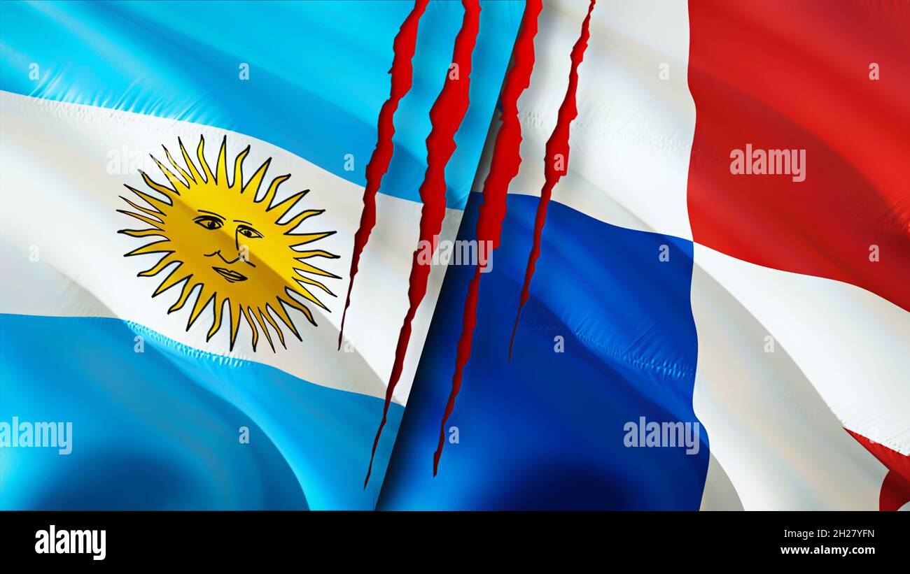 Argentinien und Panama Flaggen mit Narbenkonzept. 3D-Rendering mit schwenkender Flagge. Argentinien und Panama Konfliktkonzept. Argentinien Panama Beziehungen Konzept. fla Stockfoto