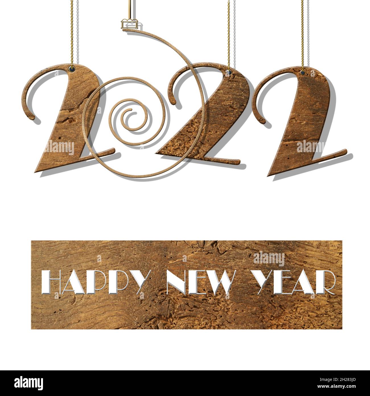 2022 Neujahrskarte aus altem Holz. Hängende Ziffer 2022 weiß, Kalender, Grußkarte, Vorlage. Isoliert auf Weiß. 3D-Rendering Stockfoto