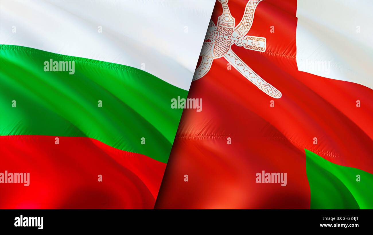 Flagge Bulgariens und Omans. 3D-Design mit winkender Flagge. Bulgarien Oman Flagge, Bild, Tapete. Bild Bulgarien vs Oman, 3D-Rendering. Bulgarien Oman Beziehungen A Stockfoto