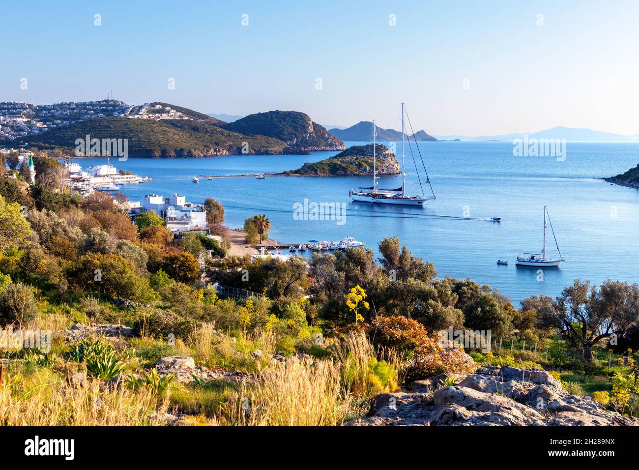 Nahaufnahme von Gümüslük, Bodrum, Mugla, Türkei. Tourismus- und Freizeitkonzept. Stockfoto