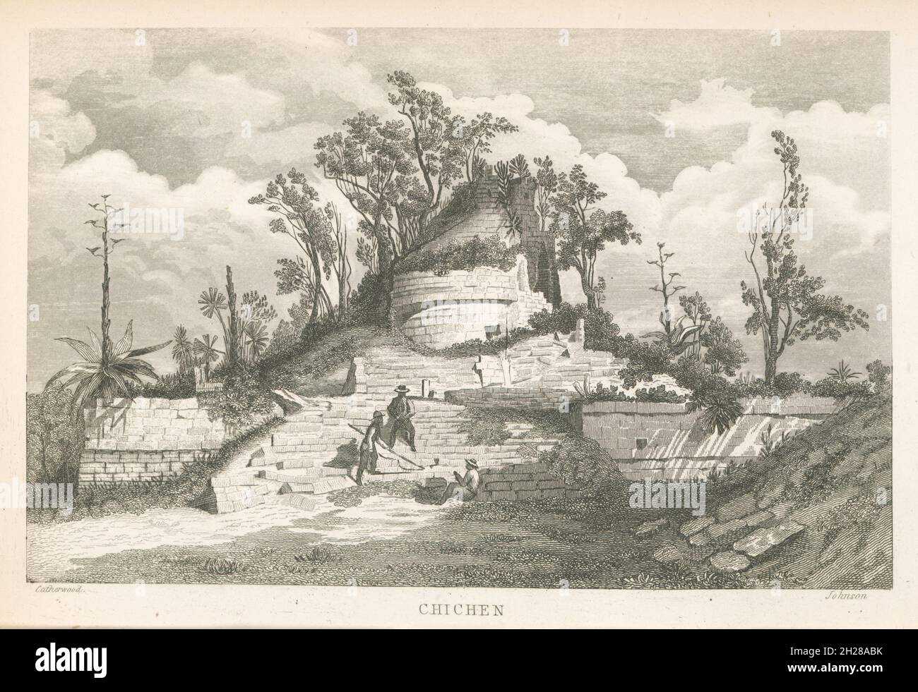 Kreisförmiges astronomisches Maya-Observatorium (El Caracol) in Chichen Itza, Yucatan, Mexiko, Stich von Frederick Catherwood aus dem Buch Incidents of Travel in Yucatan von John Lloyd Stephens, das erstmals 1841 veröffentlicht wurde Stockfoto