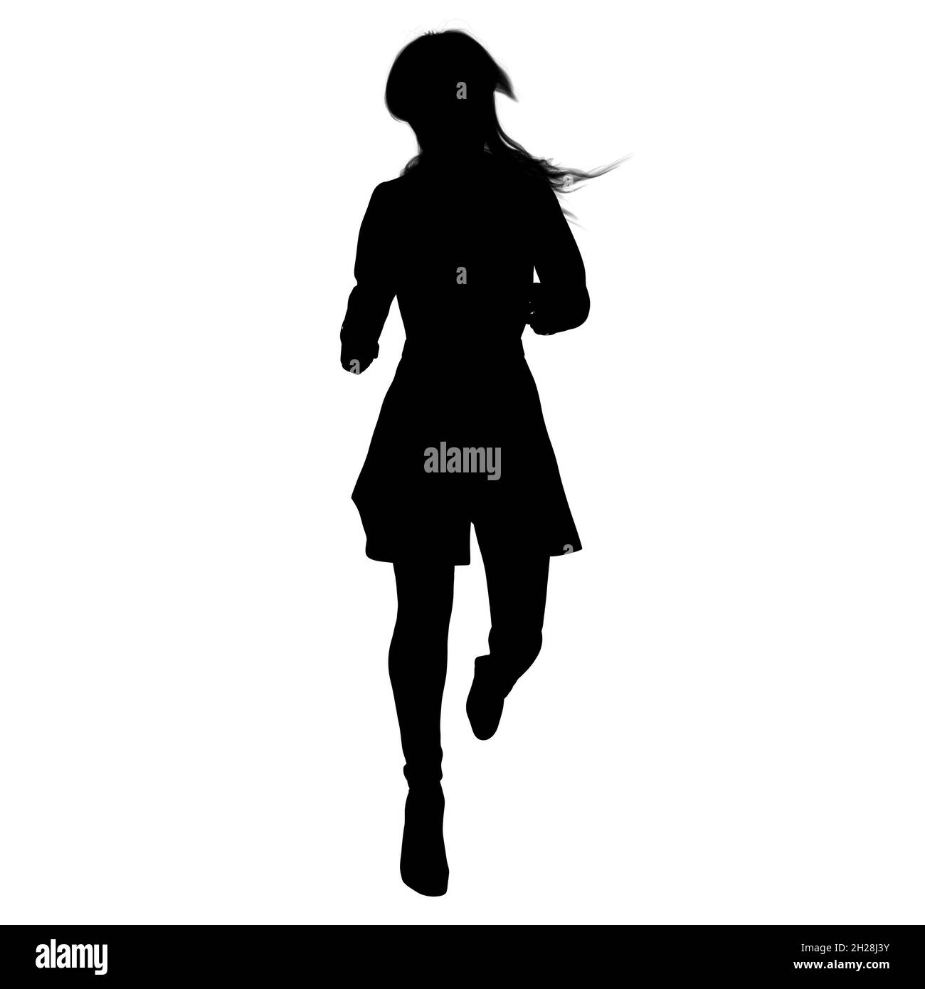 Kaukasische Frau Trenchcoat Silhouette mit Waffe auf isoliertem weißem Hintergrund, 3D-Rendering 3D-Illustration Stockfoto