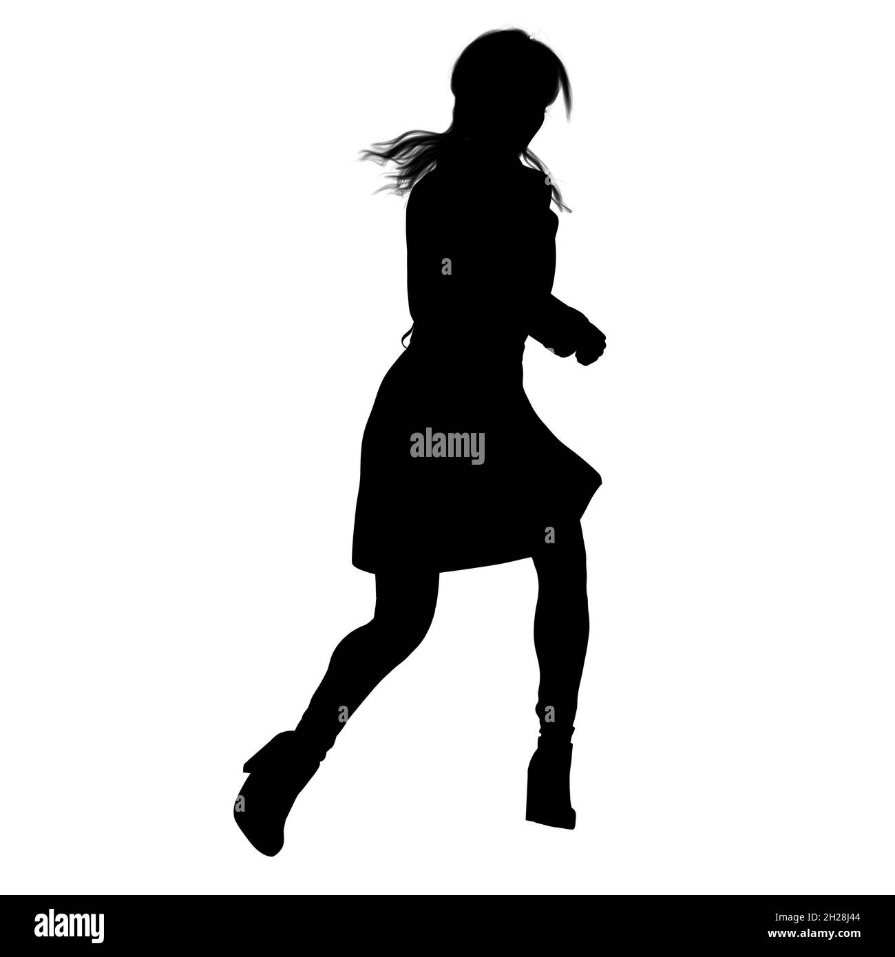 Kaukasische Frau Trenchcoat Silhouette mit Waffe auf isoliertem weißem Hintergrund, 3D-Rendering 3D-Illustration Stockfoto