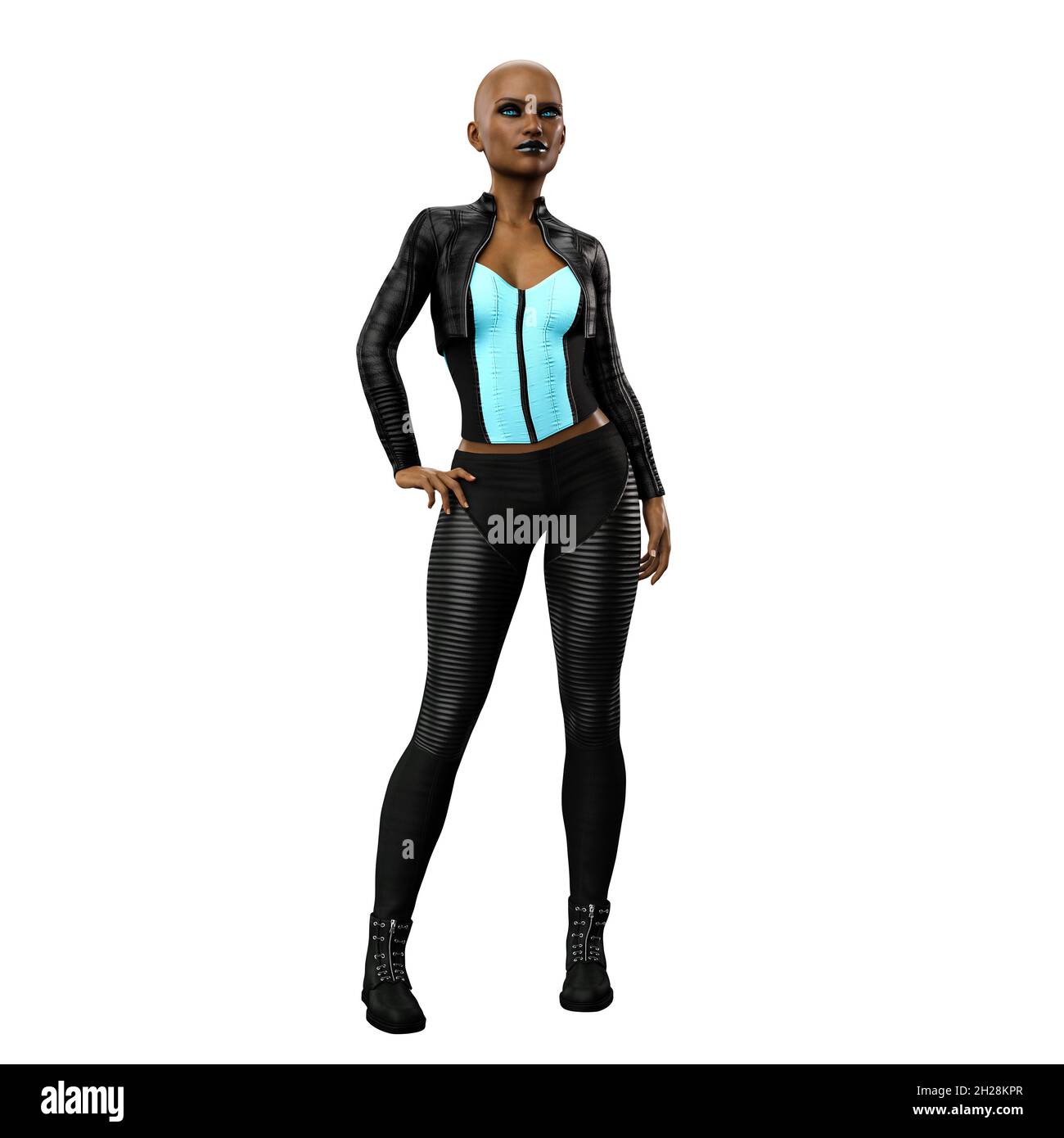 Cyberpunk POC Woman auf isoliertem weißem Hintergrund, 3D Illustration, 3D Rendering Stockfoto