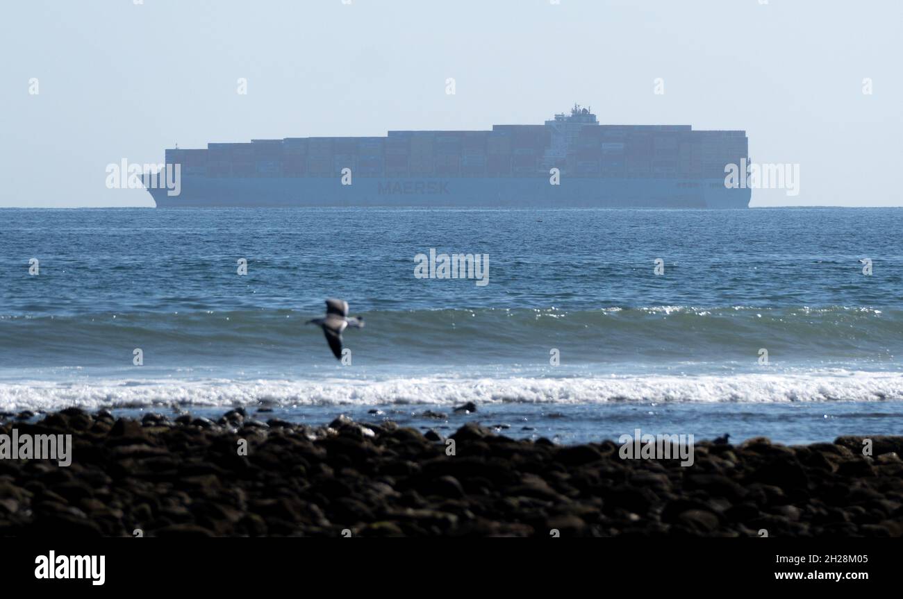 Ein Containerschiff wartet vor der Küste von Malibu, Kalifornien, USA Stockfoto